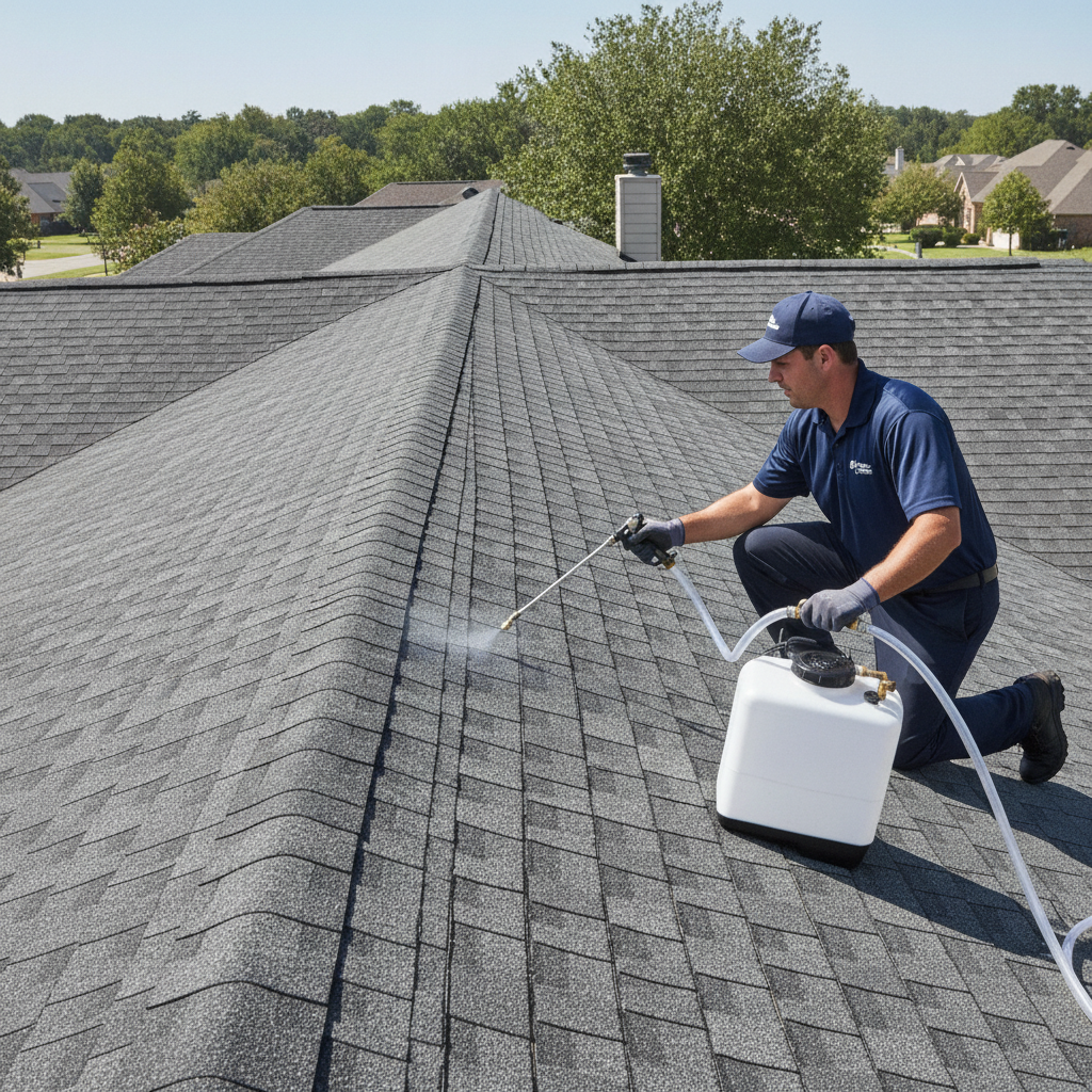 A certified Vive technician applying the treatment to an asphalt shingle roof