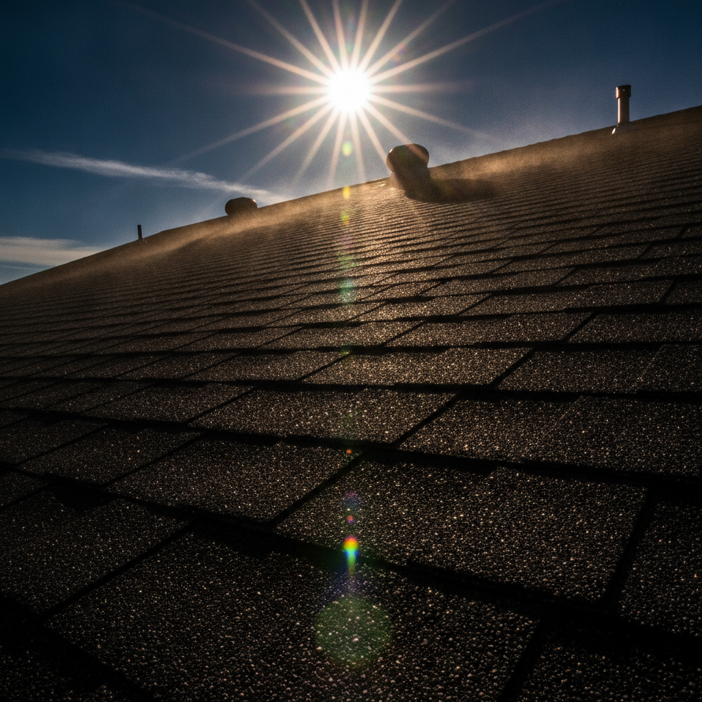 Intense sun and UV beating down on an asphalt shingle roof